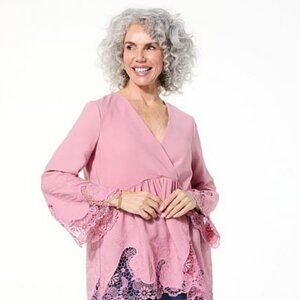 Nina Leonard Surplice Neck Bell Sleeve Hi-Low Top - Pink Sz L 525060